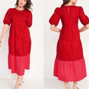 Old Navy Red & Pink Tiered Maxi Dress with Puff Sleeves- Size XS